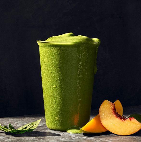 Green Passion Smoothie · 250 Cal. Peach and mango purees and white grape and passionfruit juice concentrates blended with fresh spinach and ice. Allergens: none