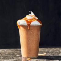 Frozen Caramel Cold Brew · 470 Cal. Caramel and an icy cold brew coffee blend topped with whipped cream and caramel syr...
