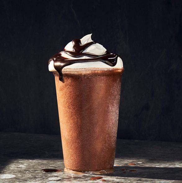 Frozen Chocolate Cold Brew · 450 Cal. Chocolate and an icy cold brew coffee blend topped with whipped cream and chocolate syrup. Allergens: Contains Milk