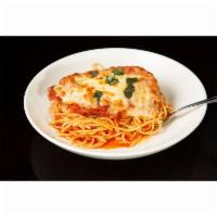 Chicken Parmesan · Herb-Crusted Chicken Breast, Spaghetti, Marinara, Mozzarella, Basil