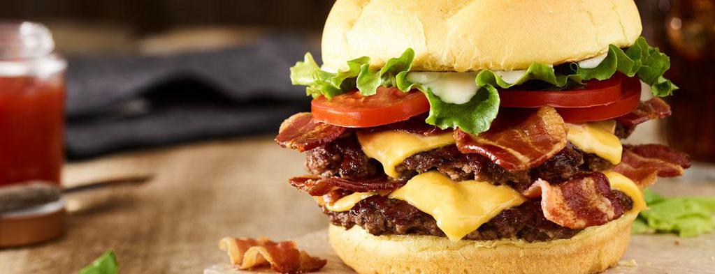 Double Bacon Smash® Burger · Double Certified Angus Beef, American cheese, applewood smoked bacon, lettuce, tomatoes, mayo, toasted bun.