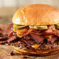 Smoked Bacon Brisket Burger · Certified Angus Beef, smoked aged cheddar cheese, brisket, applewood smoked bacon, pickles, ...