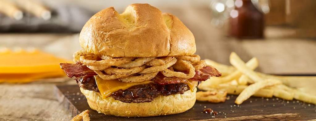 BBQ Bacon Cheddar Burger · Certified Angus Beef, aged cheddar cheese, applewood smoked bacon, haystack onions, bbq sauce, toasted bun.