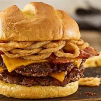 Double BBQ Bacon Cheddar Burger · Double Certified Angus Beef, aged cheddar cheese, applewood smoked bacon, haystack onions, b...