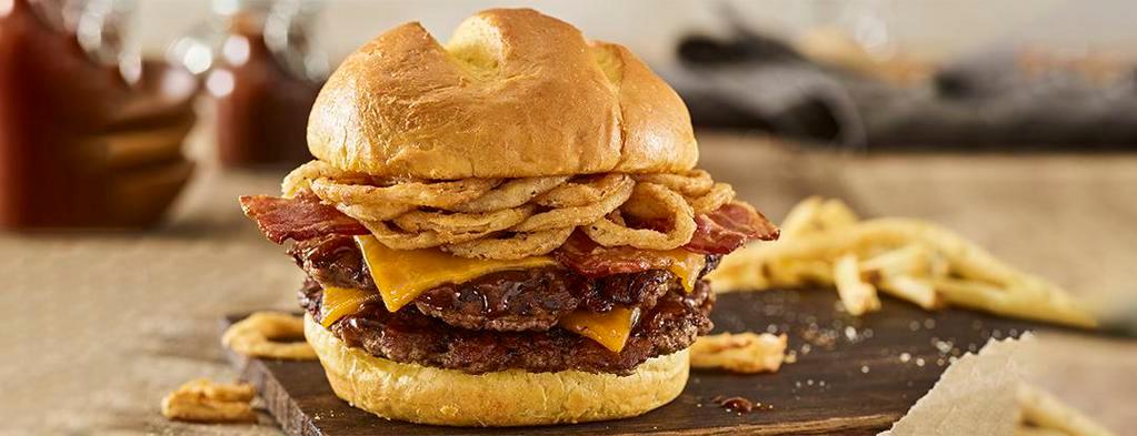 Double BBQ Bacon Cheddar Burger · Double Certified Angus Beef, aged cheddar cheese, applewood smoked bacon, haystack onions, bbq sauce, toasted bun.