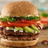 Double Avocado Club Burger · Double Certified Angus Beef, sliced avocado, applewood smoked bacon, lettuce, tomatoes, ranc...