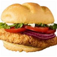Classic Crispy Chicken Sandwich · Crispy chicken breast, lettuce, tomato, red onion, pickles & chicken mayo on a toasted class...