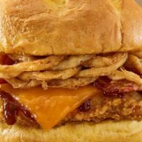 BBQ Bacon Cheddar Crispy Chicken Sandwich · Crispy chicken breast, aged cheddar cheese, applewood smoked bacon,  bbq sauce, toasted bun.