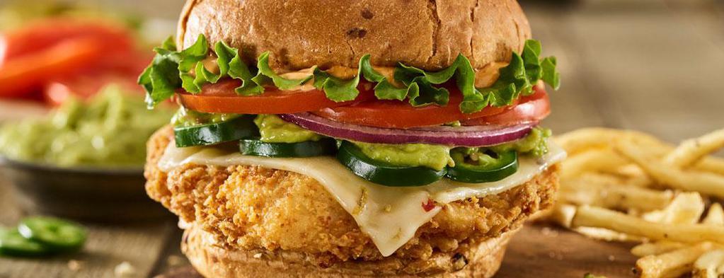 Spicy Baja With Guac Crispy Chicken Sandwich · Crispy chicken breast, pepper jack cheese, jalapeños, guacamole, lettuce, tomatoes, chipotle mayo, toasted spicy chipotle bun.