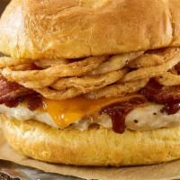BBQ Bacon Cheddar Grilled Chicken Sandwich · Grilled chicken breast, BBQ sauce, applewood smoked bacon, cheddar and haystack onions on a ...