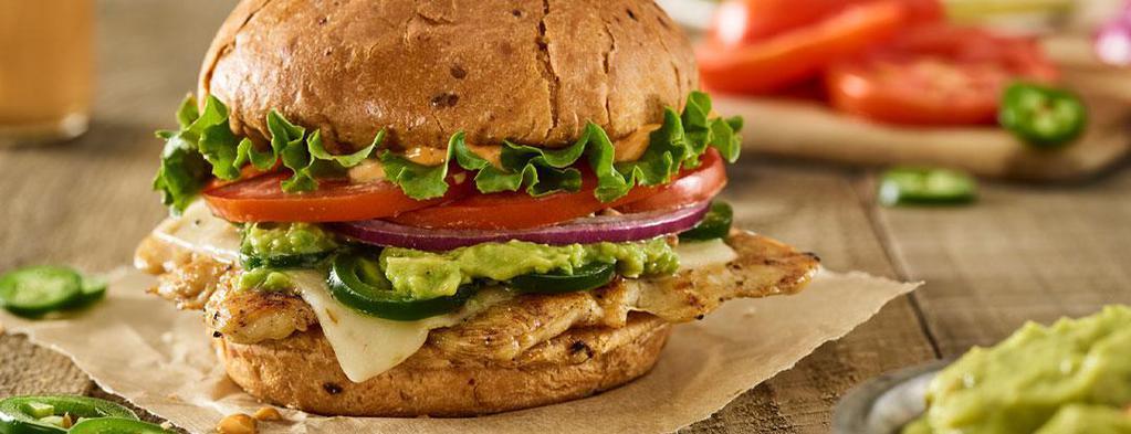 Spicy Baja With Guac Grilled Chicken Sandwich · Grilled chicken breast, pepper jack cheese, jalapeños, guacamole, lettuce, tomatoes, red onions, chipotle mayo, toasted spicy chipotle bun.