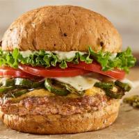 Colorado Turkey Burger · Turkey burger, pepper jack cheese, melted cheddar cheese, grilled Anaheim chiles, lettuce, t...