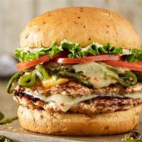 Double Colorado Turkey Burger · Double turkey burger,  pepper jack cheese, melted cheddar cheese, grilled Anaheim chiles, le...