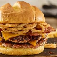 Double BBQ Bacon Cheddar Turkey Burger · Double Turkey burger, aged cheddar cheese, applewood smoked bacon, haystack onions, bbq sauc...