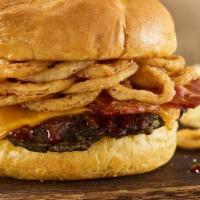BBQ Bacon Cheddar Black Bean Burger · Black bean patty, aged cheddar cheese, applewood smoked bacon, haystack onions, bbq sauce, t...