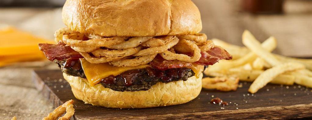 BBQ Bacon Cheddar Black Bean Burger · Black bean patty, aged cheddar cheese, applewood smoked bacon, haystack onions, bbq sauce, toasted bun.