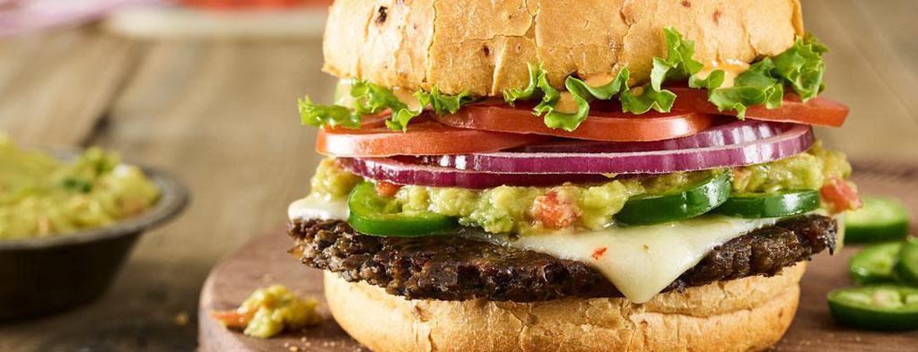 Spicy Baja With Guac Black Bean Burger · Black bean patty, pepper jack cheese, jalapeños, guacamole, lettuce, tomatoes, red onions, chipotle mayo, toasted spicy chipotle bun.