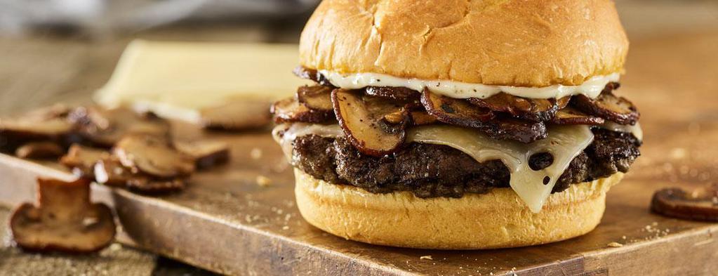 Truffle Mushroom Swiss Black Bean Burger · Black bean patty patty, aged Swiss cheese, sautéed crimini mushrooms, truffle mayo, toasted bun.