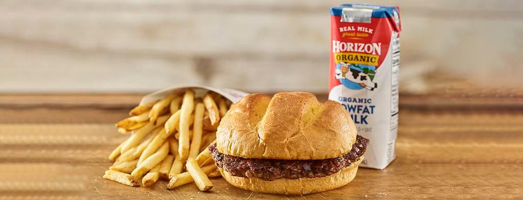 Kids Hamburger · Certified Angus Beef, toasted bun, served with fries and drink.