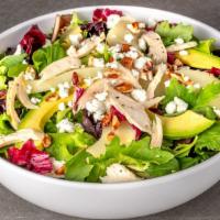 The Cafe Salad · Roasted chicken, mixed greens, avocado, crumbled goat cheese, pears and pecans with balsamic...