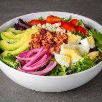 Keto Cobb Salad · Chopped salad mix, mixed greens, avocado, eggs, grape tomatoes, pickled onions, blue cheese ...