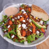 Abbot's Southwest Salad · Chopped salad mix, sliced avocado, corn & black bean salsa, diced jicama, roasted carrots, A...