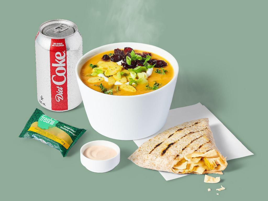 Soup + Pocket Meal · Choice of soup + cheesy chicken crunch pocket with chipotle ranch dip, 1 canned beverage, 1 energii bites