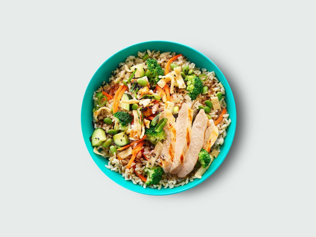 Teriyaki Twist Bowl · Brown rice, edamame, crispy wontons, broccoli, carrots, cucumber, green onions, sesame seeds and teriyaki sauce.