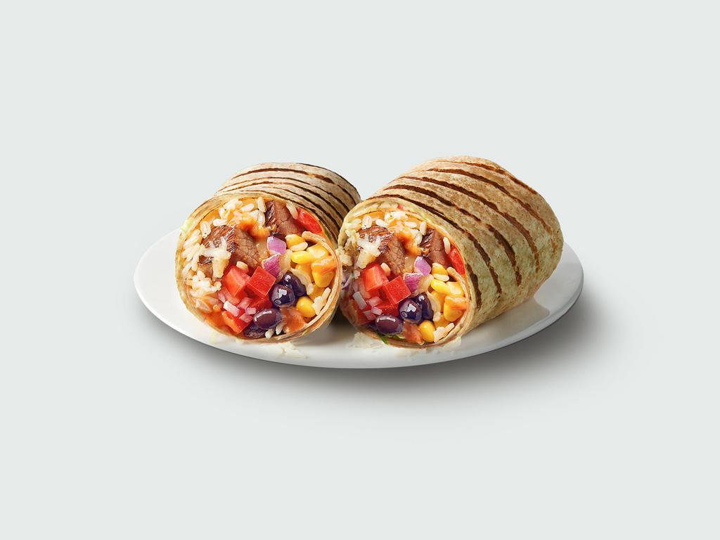 Smokehouse Burrito · Brown rice, aged cheddar, black beans, red onions, tomatoes, corn and spicy yogurt sauce, grilled in a whole wheat tortilla.