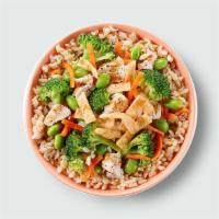 Kids Power Bowl · Chicken, broccoli, carrots, edamame, crispy wontons, teriyaki sauce, choice of brown rice or...