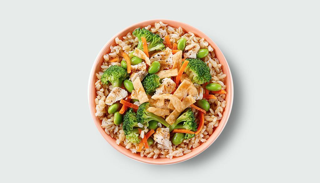Kids Power Bowl · Chicken, broccoli, carrots, edamame, crispy wontons, teriyaki sauce, choice of brown rice or rice noodles.