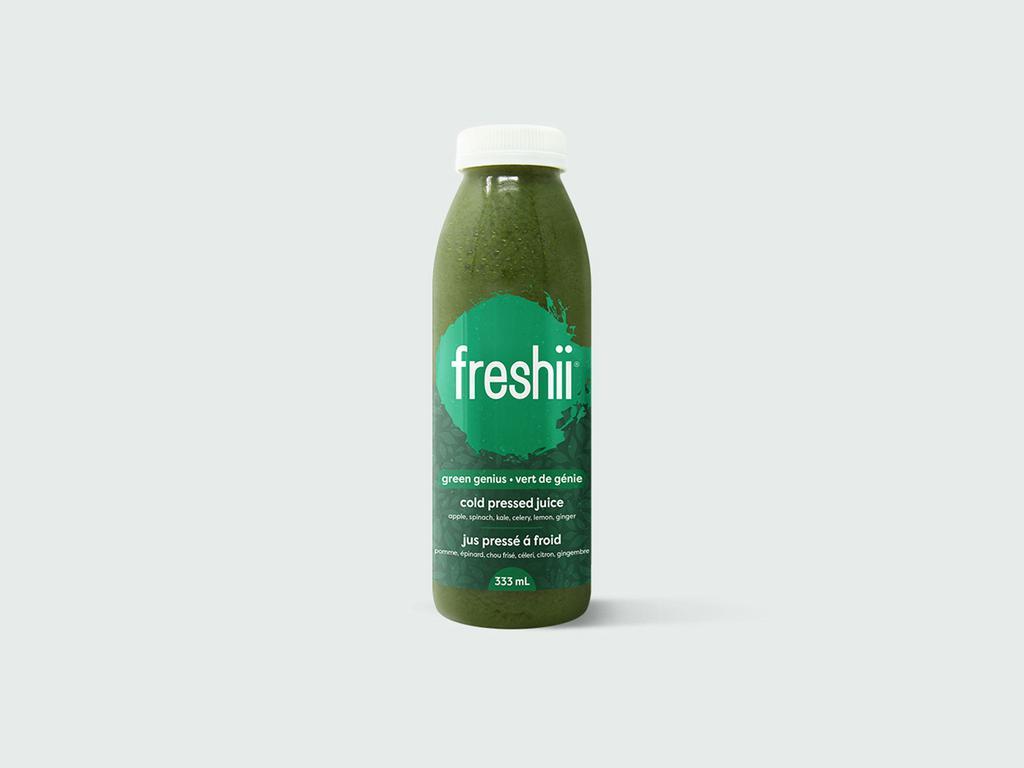 Green Genius Juice · All the goodness of a fresh crisp salad. Apple juice, spinach juice, kale juice, celery juice, lemon juice, and ginger juice. 