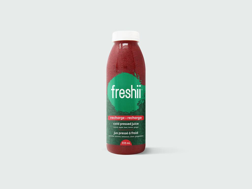 Recharge Juice · A tasty superfruit charge. Carrot juice, apple juice, beet juice, lemon juice, and ginger juice. 