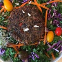 Veggie Burger Kale Salad · Kale, carrots, cabbage, avocado, hemp seeds, and a veggie burger. Quinoa, brown rice, black ...