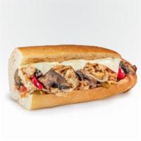 Portabella Chicken Cheese Steak · Chicken, fresh portabella mushrooms, peppers, onions, and white American cheese. Grilled fre...