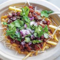 Chili Cheese Fries · French fries covered with chili, mozzarella cheese and garnished red onions, cilantro, jalap...