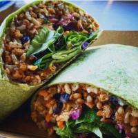 Burrito Inferno  · Meatless Beef strips, chili, black beans, brown rice,  jalapeno, caramelized red onions, moz...
