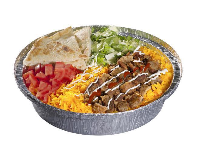 Beef Gyro Platter · Platters are served with one white sauce and one red sauce. Regular platters are served with two white sauces and one red sauce.Allergen: Contains Gluten, Soy, Pea, Mustard, and Sesame