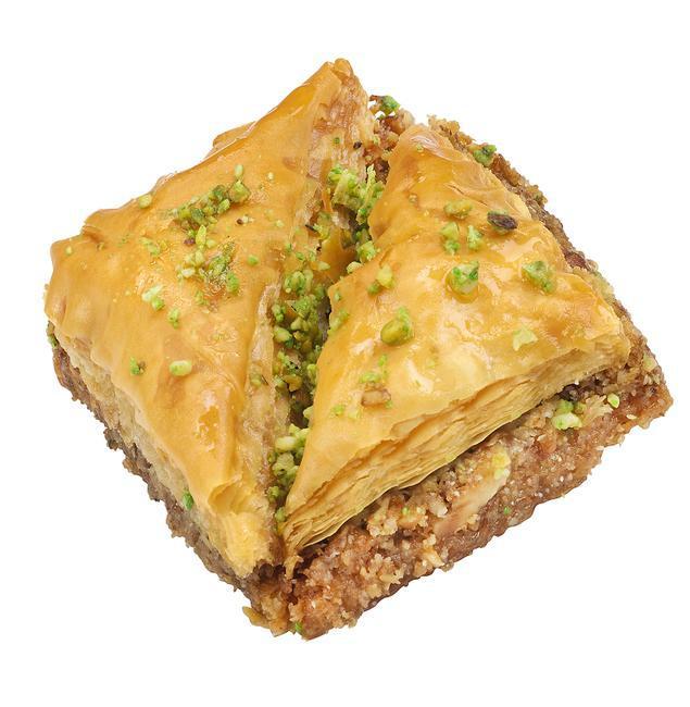 Baklava · Rich, sweet dessert pastry made of layers of filo filled with chopped nuts and sweetened and held together with syrup or honey. Allergen: Contains Gluten, Casein, Walnut, Cashew, and Pistachios