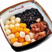 Icy Taro Ball #5 · Kidney beans, rice balls, boba, taro balls, shaved ice.