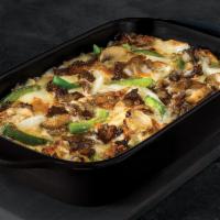 Philly Pizza Bowl · Crustless pizza baked in a bowl. Melty white cheese sauce, tender shaved steak, marinated mu...
