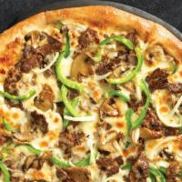 Philly Cheese Steak Pizza	 · Strips of steak, mushrooms, green peppers, onions, white cheese sauce and our signature thre...