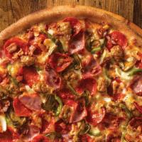 The Works Pizza Original Crust · Pepperoni, ham, green peppers, Italian sausage, mushrooms, bacon, onions, our signature sauc...