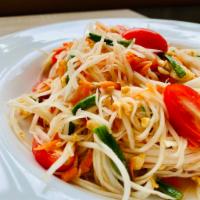 Som Tum · Fresh green papaya, Carrot, Tomato, Peanut, Green Bean, Tamarind, Fish sauce, Add Shrimp $4