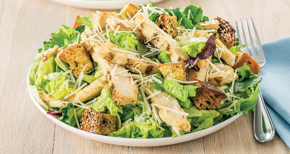 Grilled Chicken Caesar Salad · Grilled chicken, romaine lettuce blend and Parmesan cheese. Topped with our homemade croutons.