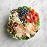 Berry Pecan Salad · Mixed greens, grilled chicken, bleu cheese, strawberry, blueberry, candied pecans, poppyseed...