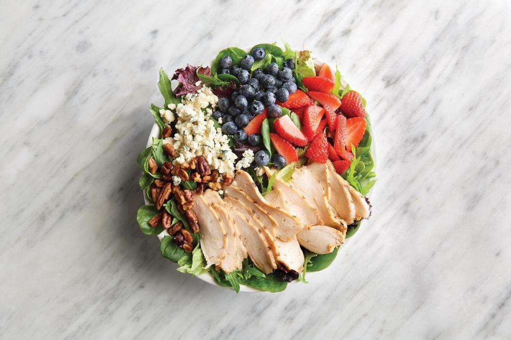 Berry Pecan Salad · Mixed greens, grilled chicken, bleu cheese, strawberry, blueberry, candied pecans, poppyseed vinaigrette.
