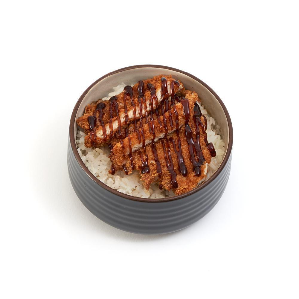 Chicken Katsu Bowl · All-natural white meat chicken breast, coated with Japanese
panko bread crumbs, and fried crispy. Served with katsu
sauce on a bed of rice.