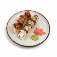 Dragon Roll · California roll inside with freshwater eel & avocado on top.