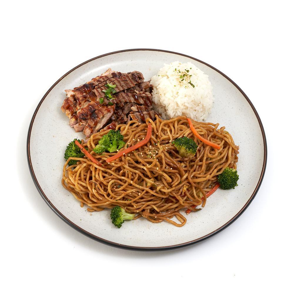 Chicken & Beef Yakisoba · Japanese noodles wok-stirred with fresh veggies
and traditional yakisoba sauce. Served with teriyaki
chicken & beef & a side of rice.